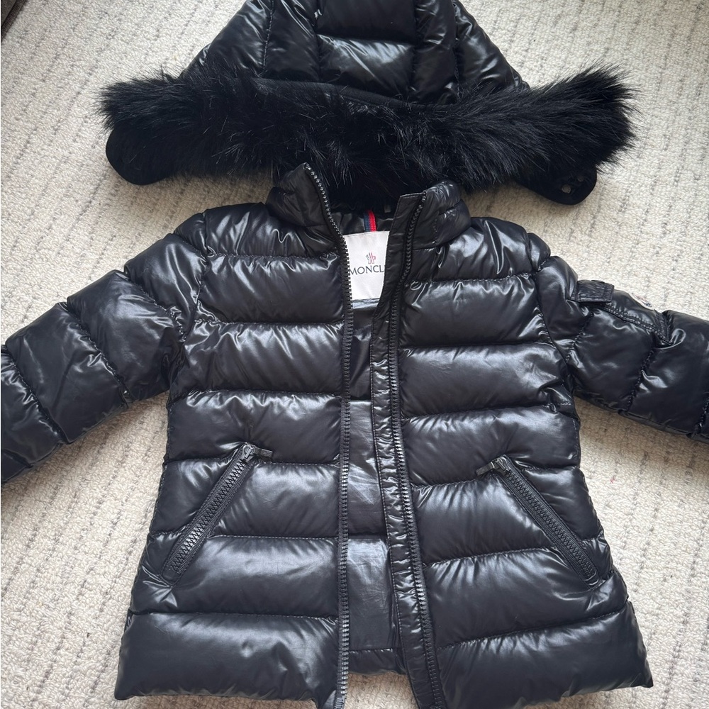 Moncler Shiny Black Down Jacket with Fur Hood